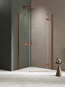 New Trendy Nesta Copper Brushed kabina pięciokątna asymetryczna 100x80x200 cm lewa drzwi prawe miedź szczotkowana/szkło przejrzyste K-4686