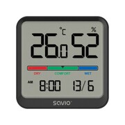 Savio Czujnik temperatury i wilgotności, do użytku wewnętrznego, ekran LCD, zegar, data, uchwyt z magnesem, CT-01/B Czarny Savio