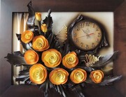 Obraz z zegarem ze skóry + kwiaty - K6Z-8 ART DECO