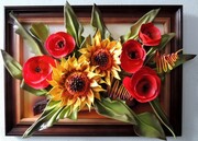 Obraz kwiatowy - Słoneczniki & Maki - oryginalny obraz ze skóry na JUBILEUSZ urodziny PODZIĘKOWANIE ART DECO