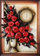 ELEGANCKI, OBRAZ Z ZEGAREM ZE SKÓRY, RĘKODZIEŁO. WYSTRÓJ WNĘTRZA, CZERWONE RÓŻE. K8Z-19 ART DECO