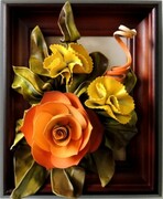 Róża w kolorze orange + żółte goździki w obrazku - Rękodzieło na prezent ART DECO