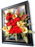 Obraz z bukietem czerwono-żółtych kwiatów w czarnej, pozłacanej ramie - Prezent na Urodziny ART DECO