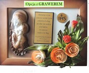 Obraz na pamiątkę 1 Komunii Świętej - Maryja z dzieciątkiem + kwiaty + dedykacja - 40x30cm - K2SK-3 ART DECO