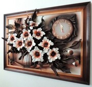 Oryginalny obraz z kwiatami 3D wykonanymi ręcznie ze skóry + zegar na JUBILEUSZ urodziny EMERYTURĘ ART DECO