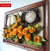 Duży obraz z zegarem i bukietem herbacianych róż w wazonie - prezent na jubileusz 50-lecia Ślubu - Złote Gody ART DECO