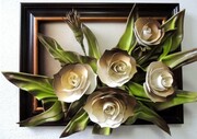 Obraz ze skóry z kwiatami w pozłacanej ramie - dla kobiety na prezent ART DECO