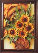 Duży obraz z bukietem słoneczników w wiklinowym koszu i drewnianej ramie NA PREZENT ART DECO