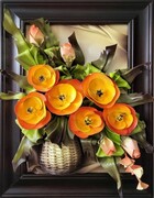 Obraz z bukietem pomarańczowych kwiatów w wiklinowym koszu - k5-6 ART DECO