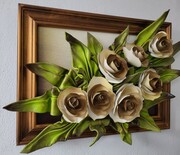 Prezent na jubileusz - Obraz z kwiatami ze skóry w zlotej ramie - Urodziny lub emeryturę ART DECO
