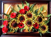 Duży obraz ze słonecznikami i makami w drewnianej ramie - Prezent na Jubileusz 50-lecia Ślubu ART DECO