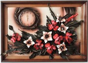 Obraz z zegarem ze skóry - LILIE i IRYSY - K8Z-3 ART DECO