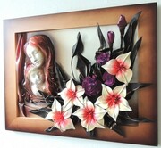 Obraz z płaskorzeźbą Matki Bożej i kwiatami - Prezent na Ślub - Dzień Mamy ART DECO