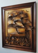 Żaglowiec - obraz ze statkiem ze skóry -Rękodzieło - ST6-2 ART DECO