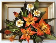 Obraz z pomarańczowymi liliami ze skóry na prezent JUBILEUSZ urodziny EMERYTURA ... ART DECO