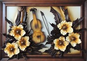 Obraz ze skrzypcami i bukietem kwiatów w drewnianej ramie ART DECO