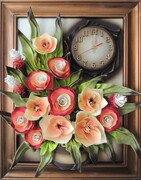Obraz z kwiatami i zegarem w złotej ramie na prezent urodzinowy- K6Z-4 ART DECO