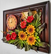 Prezent dla kobiety - obraz ze słonecznikami i makami + zegar w drewnianej ramie ART DECO