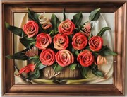 Obraz z bukietem cegiełkowych róż w drewnianej pozłacanej ramie - Prezent na Jubileusz 50-lecia ślubu ART DECO