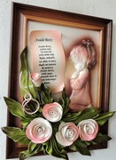 DZIEWCZYNKA MODLĄCA SIĘ DO ANIOŁA STRÓŻA Z MODLITWĄ. RĘKODZIEŁO, PROSTA FORMA, RAMA DREWNIANA. A3-D2 ART DECO