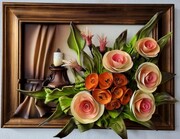 Obraz z kwiatami i świecą w złotej antycznej ramie - prezent na urodziny JUBILEUSZ czy EMERYTURĘ ART DECO