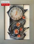 Duży zegar ścienny w skórze i drewnianej ramie + kwiaty - RZ6-2 ART DECO