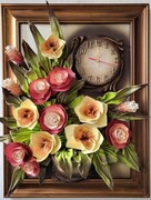 Obraz z kwiatami i zegarem w złotej ramie na prezent urodzinowy- K6Z-4 ART DECO