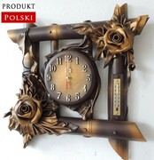 Zegar ścienny ze skóry i bambusa +TERMOMETR + ZŁOTE RÓŻE - prezent na rocznicę - B7T-1 ART DECO