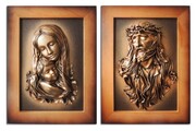 Obrazy z płaskorzeźbami Jezusa i Maryi - w drewnianych ramach - RĘKODZIEŁO ze skóry na PREZENT dla KSIĘDZA ART DECO