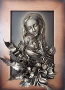 Obraz na prezent ślubny MATKA BOSKA + kwiaty w kolorze bronzo - k5s-2 ART DECO