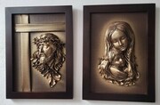 Obrazy z Maryją i Jezusem - komplet obrazów ze skóry w drewnianej ramie ART DECO