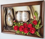 Duży oryginalny obraz ŚWIĘTA RODZINA z czerwonymi różami i dedykacją na księdze na JUBILEUSZ ślub PODZIĘKOWANIE ART DECO