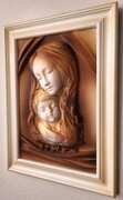 Prezent na ślub - Obraz Matka Boska ze skóry w drewnianej biało-złotej ramie ART DECO