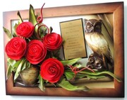 Obraz z bukietem czerwonych róż z SOWĄ - symbolem mądrości + dedykacja grawerowana na jubileusz PODZIĘKOWANIE ART DECO