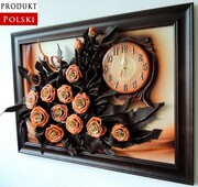 Duży obraz z zegarem i bukietem łososiowych róż w wazonie - prezent dla kobiety, mamy, babci ART DECO