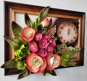 Obraz z zegarem ze skóry i różami i hortensją - PREZENT na JUBILEUSZ urodziny EMERYTURĘ ART DECO