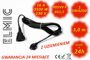 Przedłużacz elektryczny uniwersalny ogrodowy - 3 mb - WS OE 02 / 03 / 1.5 / K - ELMIC czarny H05VV-F ELMIC