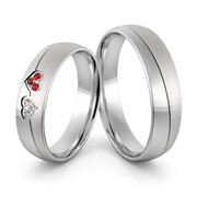 Obrączki ślubne z białego złota niklowego z sercami cyrkoniami i rubinami - Au-1051