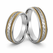 Obrączki srebrne z złotymi warkoczami i greckim wzorem - wzór Ag-405