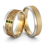 Obrączki ślubne dwukolorowe z kwiatkami i szmaragdami - Au-1070