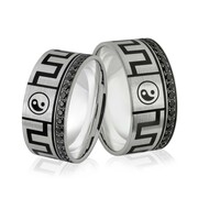 Obrączki srebrne z czarnymi cyrkoniami i znakami równowagi Yin i yang - wzór Ag-381