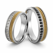 Obrączki srebrne z złotymi warkoczami i biało czarnymi cyrkoniami - wzór Ag-403