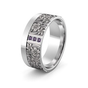 Obrączka srebrna z kwiatkami i ametystami - wzór Ag-474