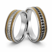 Obrączki srebrne z złotymi warkoczami i biało czarnymi cyrkoniami - wzór Ag-399