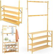 Bambusowy regał na buty i odzież z półkami i wieszakami