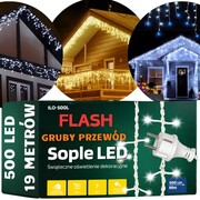 Lampki świąteczne zewnętrzne sople 500 led grube przewody flash