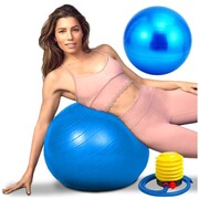 Duża piłka gimnastyczna w kolorze niebieskim z pompką