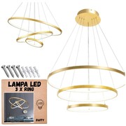 Lampa wisząca led sufitowa żyrandol 3 ringi 76w kolor złoty gold regulowana