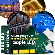 Lampki świąteczne zewnętrzne sople 300LED 12m grube przewody