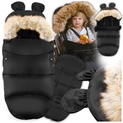 Śpiworek miś z uszami z futerkiem do wózka czarny śpiwór do gondoli